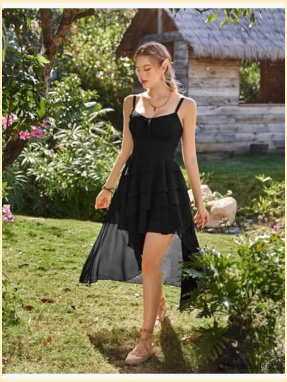 Renaissance Corset Dress with Pockets Boho Asymmetrical High-Low Midi Sundress - Picture 4 of 7